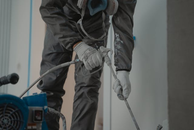 Person using paint gun to faint house