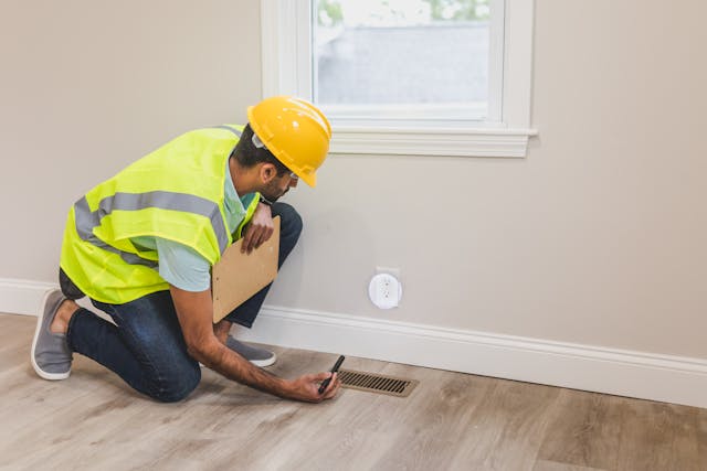 person inspecting floor board